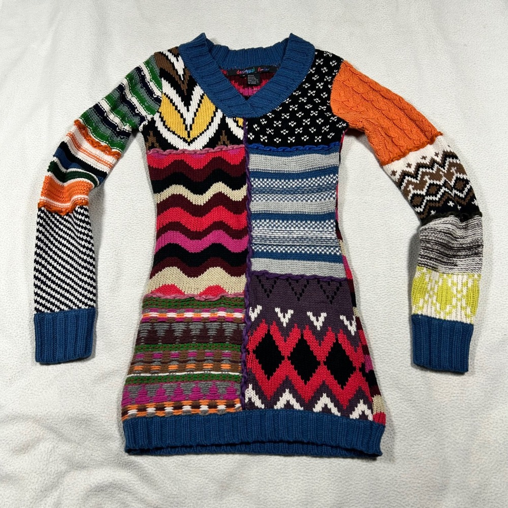 Desigual Patchwork Knit Tunic Women Medium Multi-Color V-Neck Wool Blend Sweater